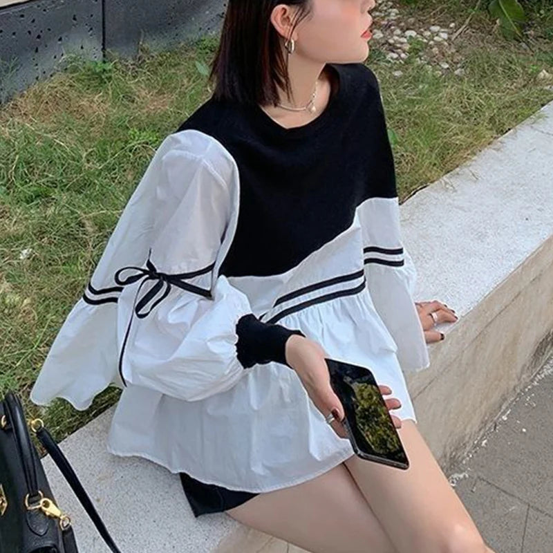 Spring Autumn O Neck Striped Patchwork Loose Casual Pullover Blouse Femme Comfortable All-match Bow Shirt Top Women's Clothing