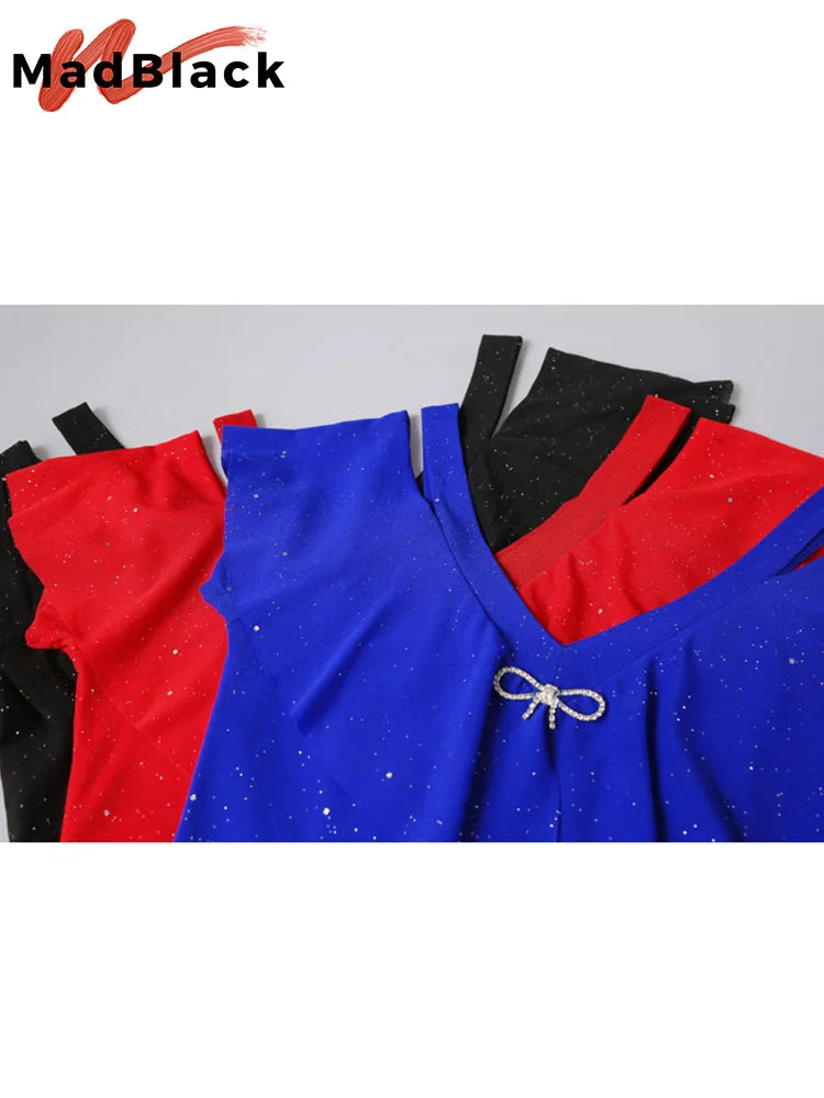 MadBlack Summer European Clothes T-Shirt Sexy V-Neck Mesh Thin Ruffles Shiny Women Tops Short Sleeve Off Shoulder Tees T25511L