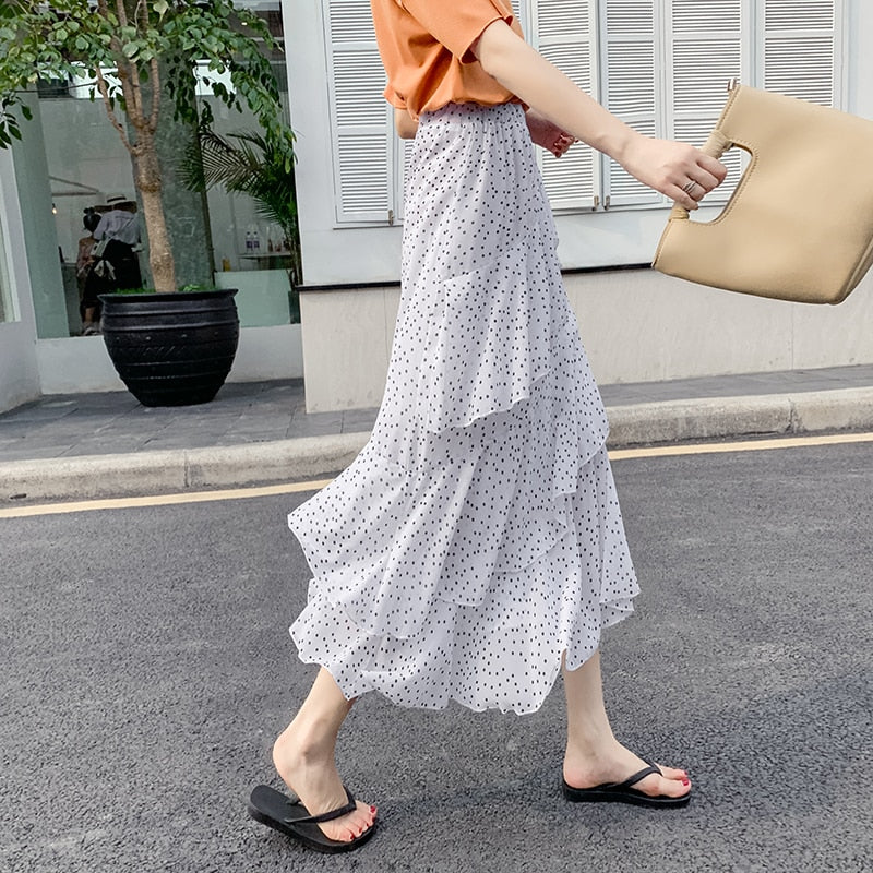 Casual Summer Skirts For Women New Loose Elastic High Waist Jupe Longue Femme Vintage Chiffon Ruffles Print Floral Pleated Skirt