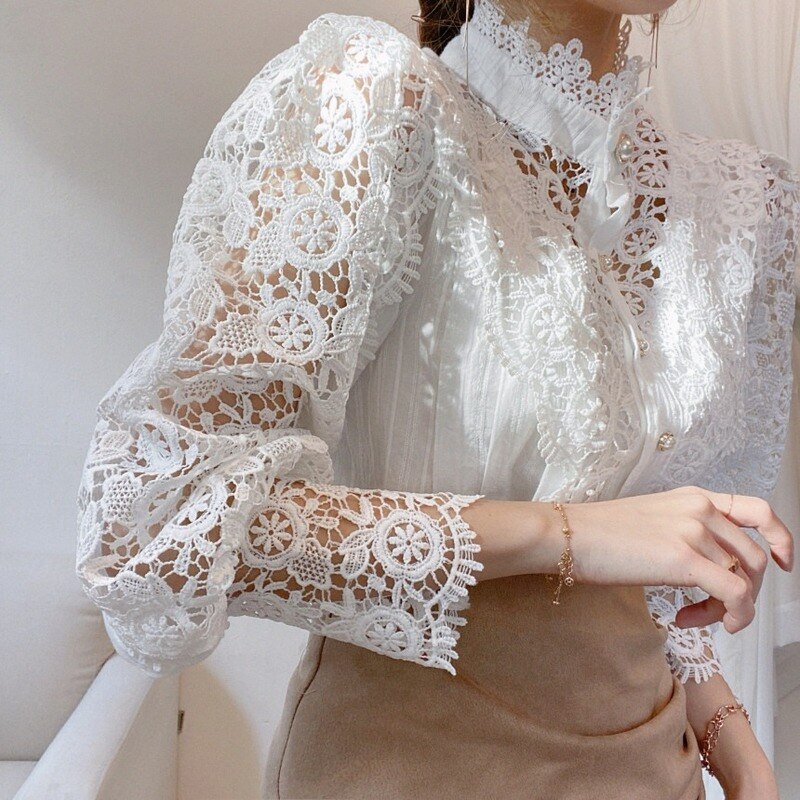 Blusas Mujer De Moda 2023 Spring Hollow Out Lace Shirt Women Office Lady Flower Blouse Stand Collar Button Female Clothing 12419