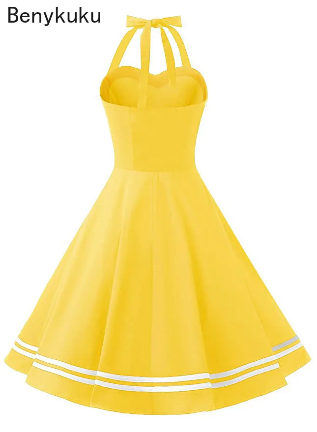 Vintage Halter Yellow Dress Sexy Retro Robe Femme Pin Up Rockabilly Party Dress Big Swing Vestidos Summer Clothes for Women 2024