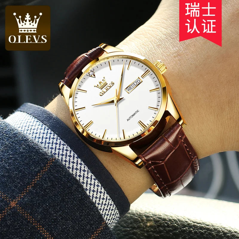 OLEVS Mechanical Men's Watches Leather strap Classic Waterproof Business Wristwatch Automatic Watch for Men Relogio Masculino