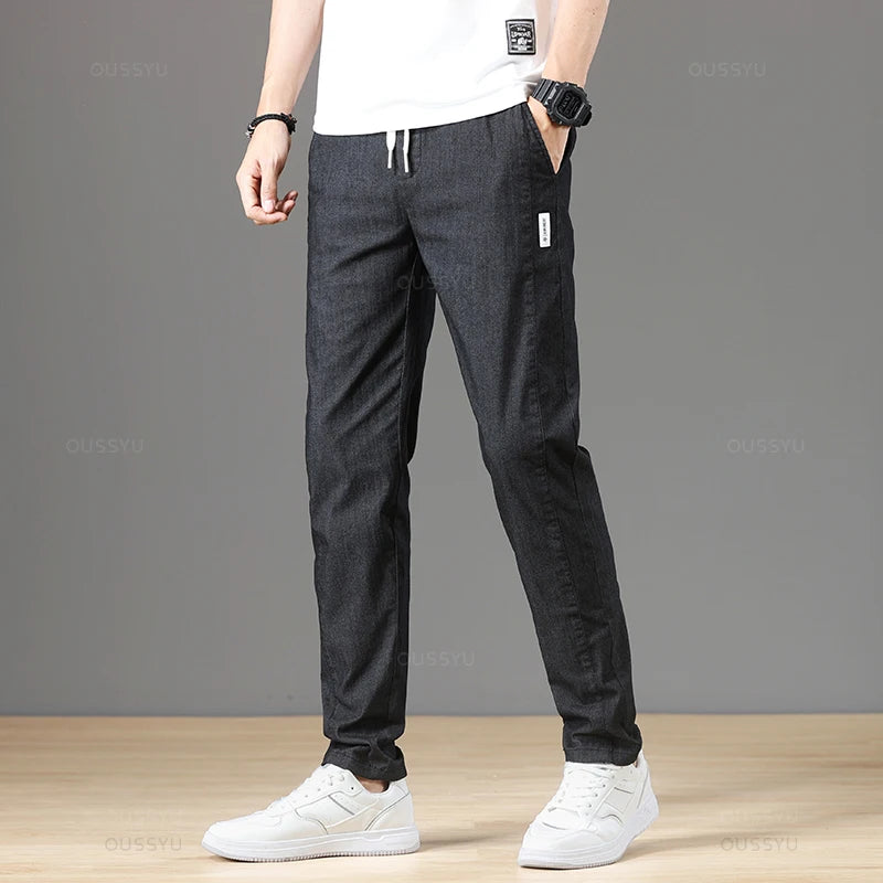 Spring Summer Cottom Men's Pants Fashion Classic Drawstring Elastic Waist Jogging Stretch Casual Grey Cargo Trousers Male 28-38