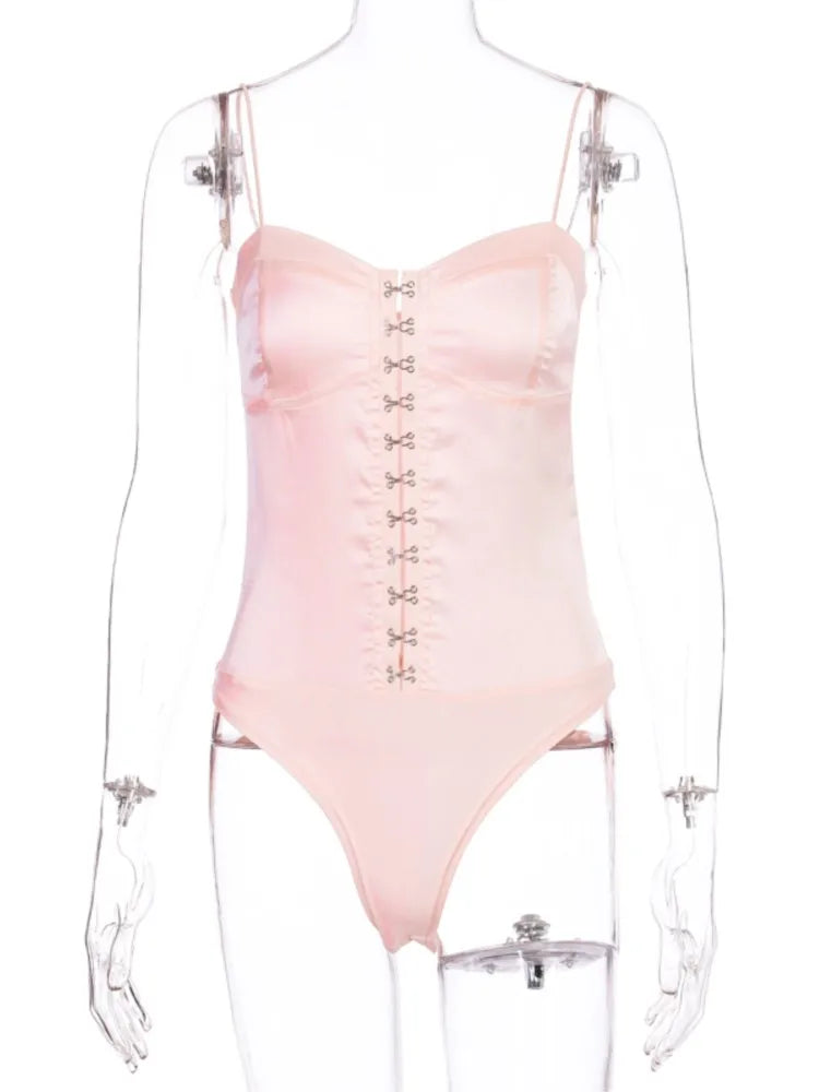 Artsu Elegant Pink Satin Bodysuits Sleeves Straps Tops Women Bodysuit Bodycon Lace Up jumpsuits 2023 Summer Clothes