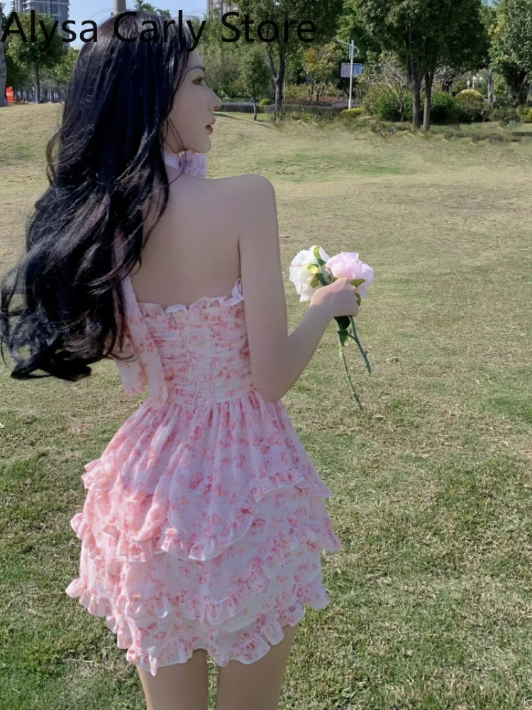 Casual Floral Sexy Dress Women 2022 Summer Pink Sleeveless Patchwork Mini Dresses Female Elegant Party Holiday Slim Korean Dress