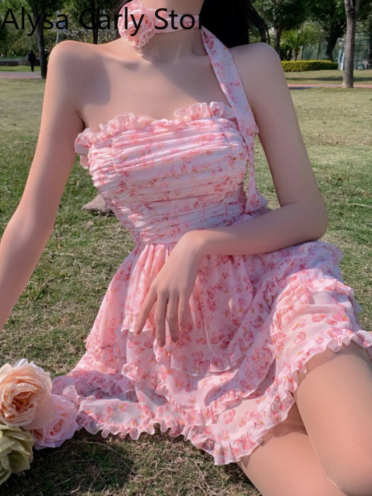 Casual Floral Sexy Dress Women 2022 Summer Pink Sleeveless Patchwork Mini Dresses Female Elegant Party Holiday Slim Korean Dress