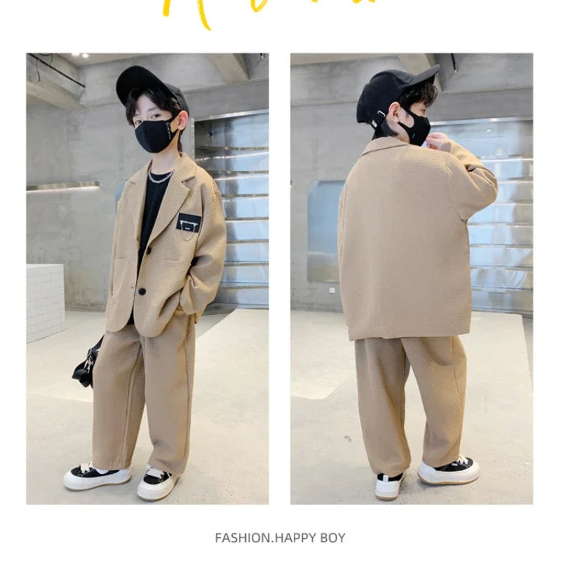 Autumn Teenage Boys Gentleman Clothes Set Children Sigle Breasted Trend Coat and Pant 2 Pieces Set Birthday Party Outfit