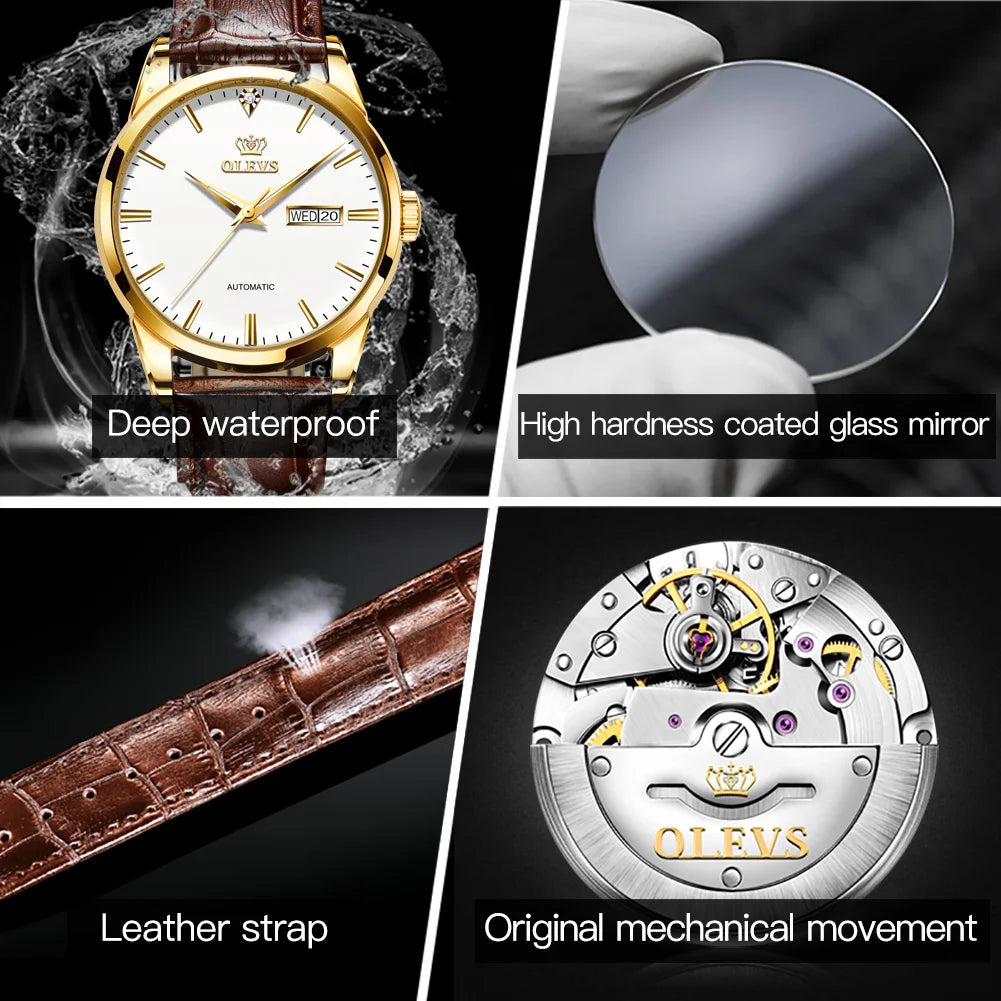 OLEVS Mechanical Men's Watches Leather strap Classic Waterproof Business Wristwatch Automatic Watch for Men Relogio Masculino