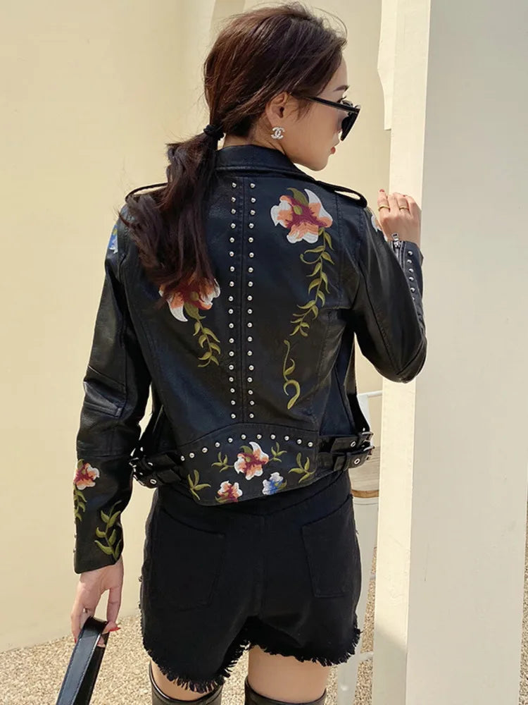 SHENGPALAE PU Leather Embroidered Rivet Coat Moto & Biker Streetwear Zipper Overcoat Women's Jackets 2024 Spring Clothes FR250