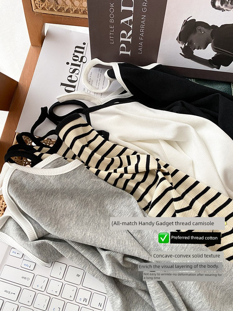 Ice Silk Sling Women Summer Outer Wear Stripe Knit vest Inner wear Base Slim fit Retro French style Thin Sleeveless Top