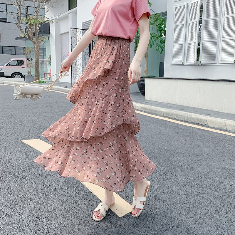 Casual Summer Skirts For Women New Loose Elastic High Waist Jupe Longue Femme Vintage Chiffon Ruffles Print Floral Pleated Skirt