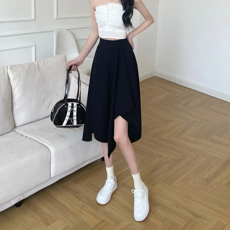 Black Irregular Skirt Women Spring Summer Elastic Waist Thin Mid-length Umbrella Skirts Plus Size Bottoms Vintage Y2k Clothes