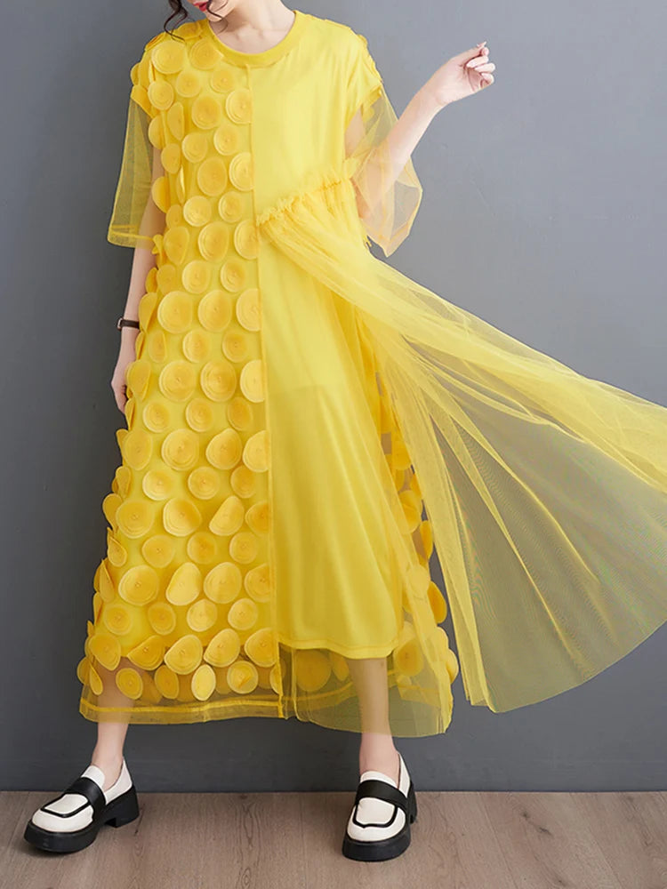 Yellow Mesh Spliced Polka Dot Vintage Dresses For Women Short Sleeve Loose Casual Long Dress Fashion Elegant Clothes Summer 2024