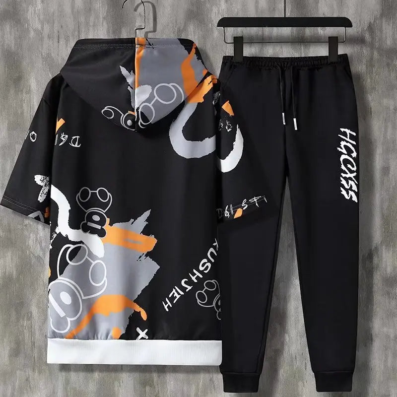 Summer Men's Sets Korean Fashion Hooded outfit set Short Sleeve Hooded Tops+Casual Trousers Men Clothing 2 Piece Set tracksuit