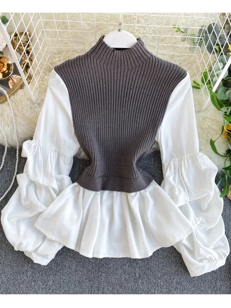 Women's Knit Patchwork Fake Two-Piece Tops Slim Fit Lantern Sleeved Shirt Tide Turtleneck Pullovers Sweater Tops ML574