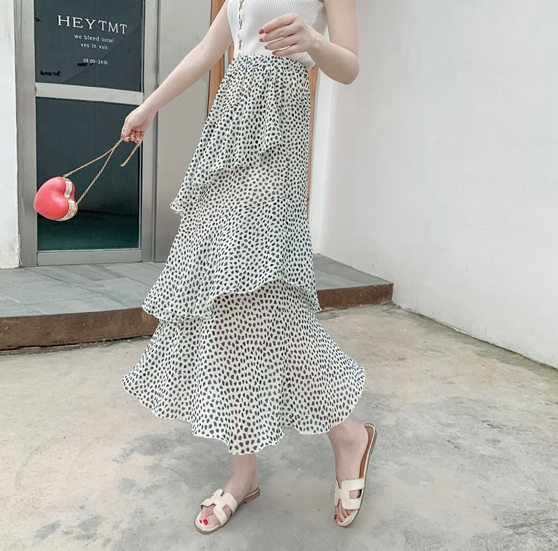 Casual Summer Skirts For Women New Loose Elastic High Waist Jupe Longue Femme Vintage Chiffon Ruffles Print Floral Pleated Skirt