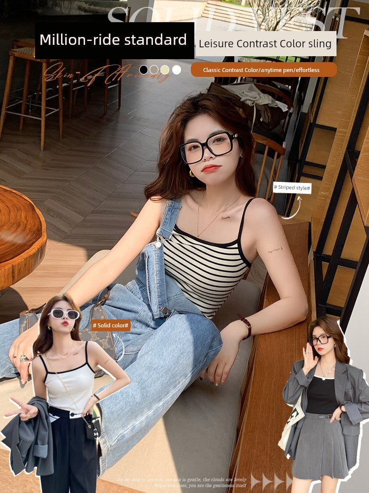 Ice Silk Sling Women Summer Outer Wear Stripe Knit vest Inner wear Base Slim fit Retro French style Thin Sleeveless Top