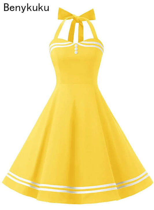 Vintage Halter Yellow Dress Sexy Retro Robe Femme Pin Up Rockabilly Party Dress Big Swing Vestidos Summer Clothes for Women 2024