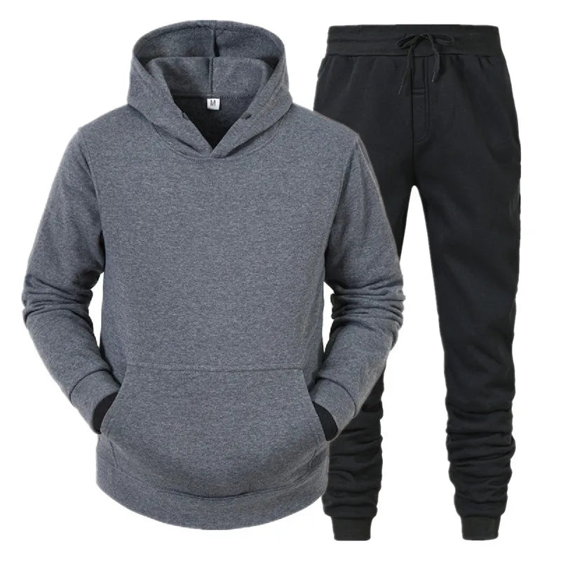 Men's Sport Suit Hoodies+Pants Fleece Tracksuits Solid Pullovers Jackets Sweatershirts Sweatpants Hooded Streetwear Outfits