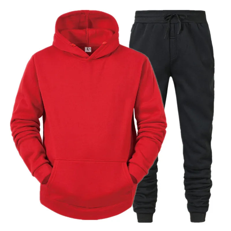 Men's Sport Suit Hoodies+Pants Fleece Tracksuits Solid Pullovers Jackets Sweatershirts Sweatpants Hooded Streetwear Outfits
