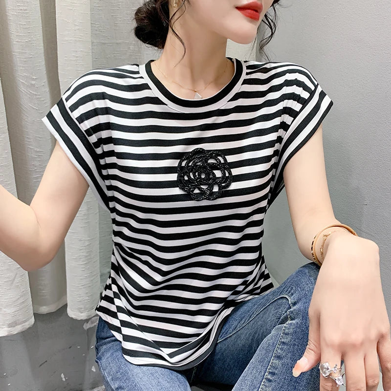 2023 New Summer European Clothes Cotton Solid T-Shirt Fashion Sexy Beading Flower Women's Tops Sleeveless All Match Tees 33057