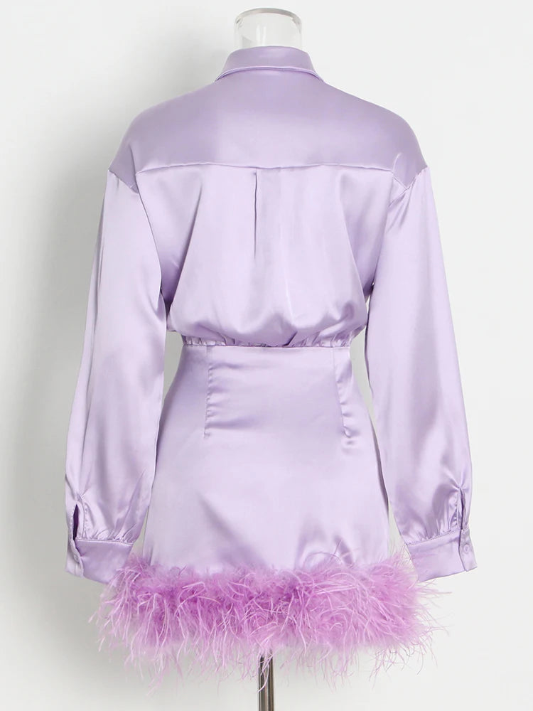 TWOTWINSTYLE Sexy Dress For Women Lapel Long Sleeve High Waist Patchwork Feathers Solid Mini Dresses Female Spring Clothes Style
