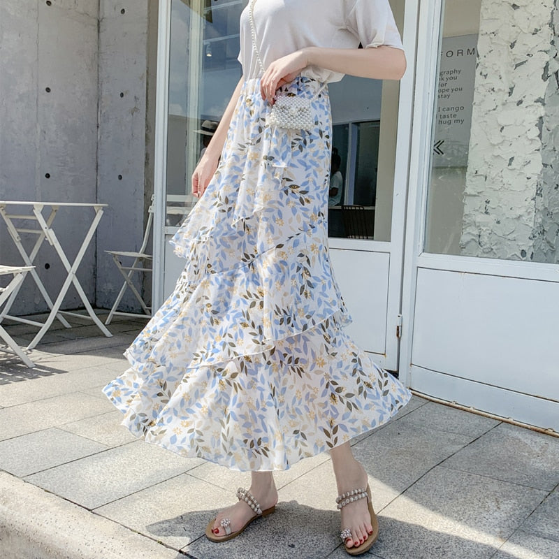Casual Summer Skirts For Women New Loose Elastic High Waist Jupe Longue Femme Vintage Chiffon Ruffles Print Floral Pleated Skirt