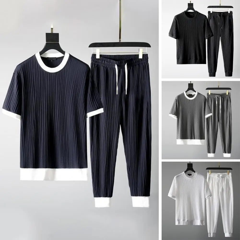 Mens Fashion Classic Outfit Summer Top Pants Solid Color Pocket Stretchy Breathable O Neck Pleats Shirt+Trousers for Office