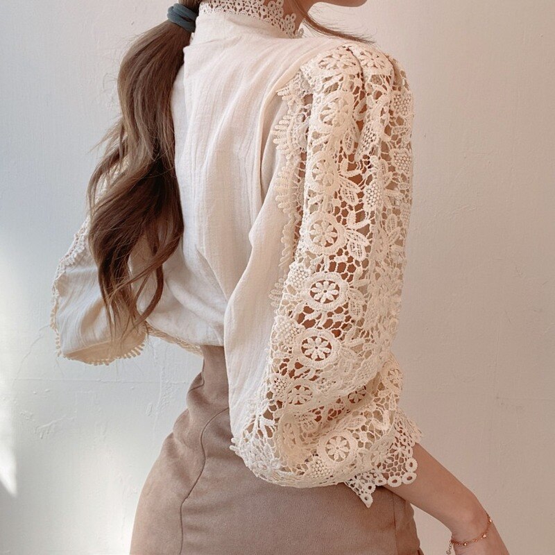 Blusas Mujer De Moda 2023 Spring Hollow Out Lace Shirt Women Office Lady Flower Blouse Stand Collar Button Female Clothing 12419
