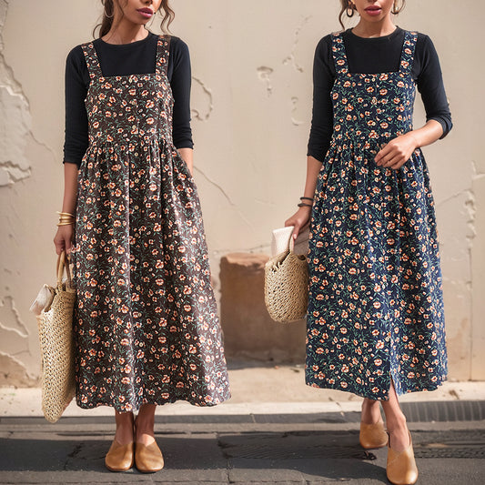 Vintage Cotton Linen Long below the Knee Slimming Sleeveless Suspender Dress