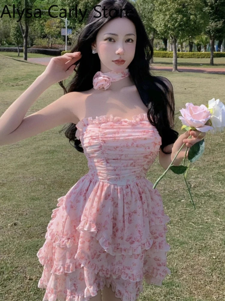Casual Floral Sexy Dress Women 2022 Summer Pink Sleeveless Patchwork Mini Dresses Female Elegant Party Holiday Slim Korean Dress