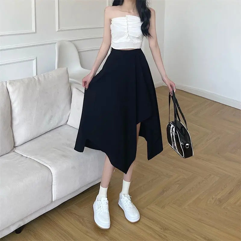 Black Irregular Skirt Women Spring Summer Elastic Waist Thin Mid-length Umbrella Skirts Plus Size Bottoms Vintage Y2k Clothes