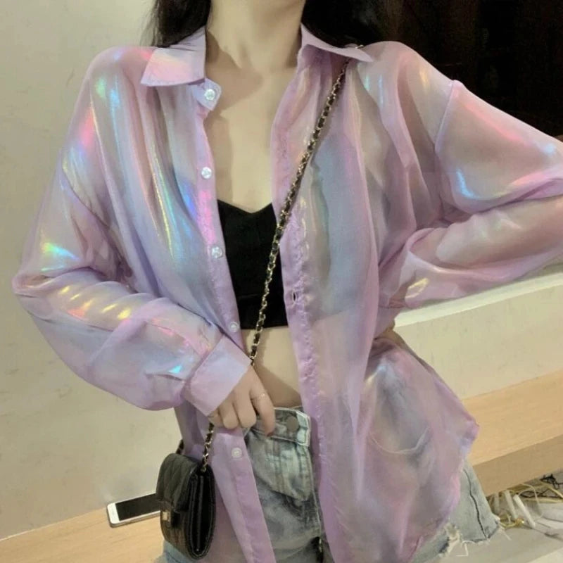 Deeptown Transparent Blouse with Sequins Button Up Shirt Women Y2k Sexy Beauty Sheer Top Night Club Beach Girls Summer Clothes