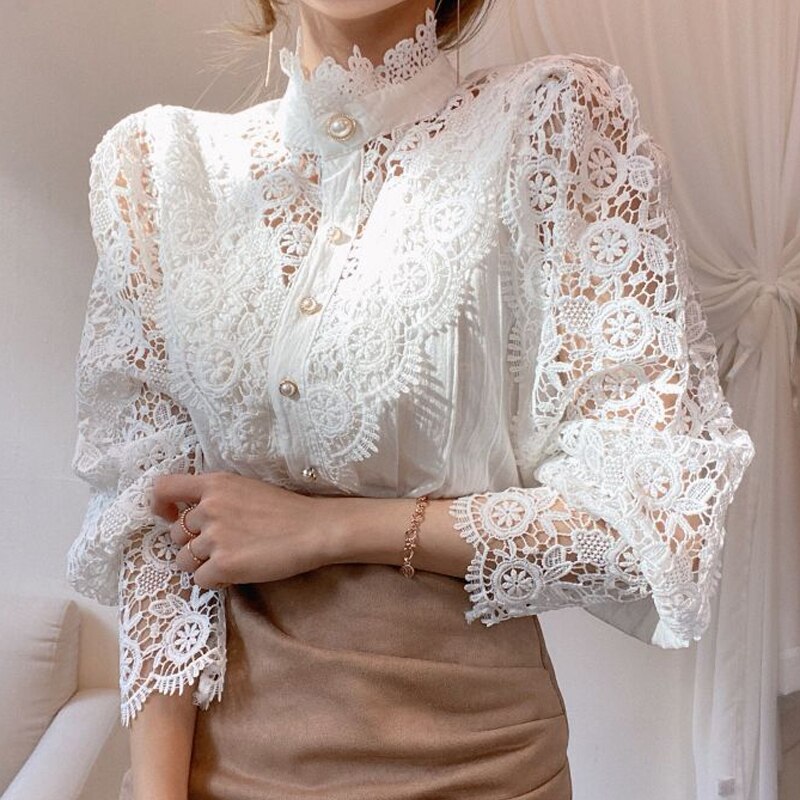 Blusas Mujer De Moda 2023 Spring Hollow Out Lace Shirt Women Office Lady Flower Blouse Stand Collar Button Female Clothing 12419