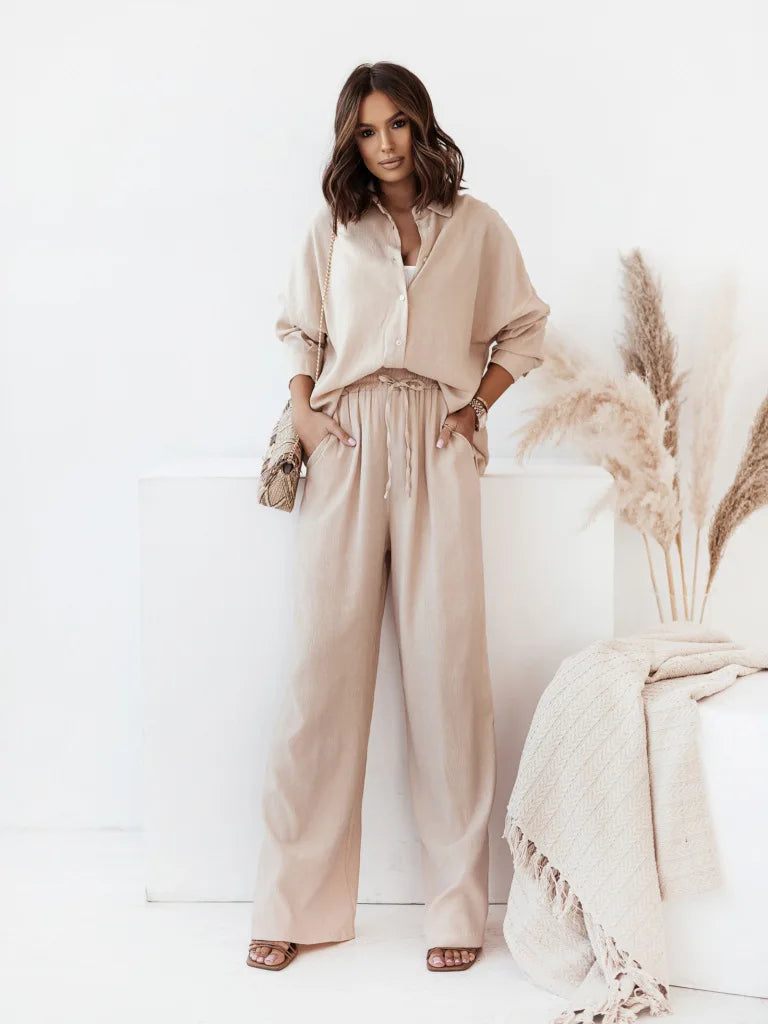 2023 Women's Spring Summer 100% Cotton Shirts+Pants Suits Office Lady Fashion Long Sleeve Loose Tops Crepe Y2k 2PCS Set Outfits