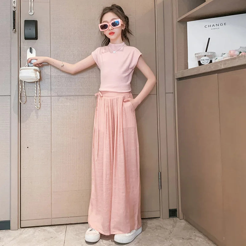 Summer Teen Girls Clothing Sets Fashion Slim Tops + Wide Leg Pants 2Pcs Outfits Kids Birthday Party Princess Costume 4-12 Years