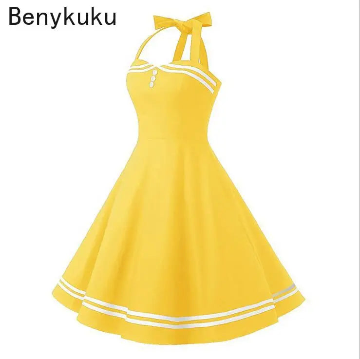Vintage Halter Yellow Dress Sexy Retro Robe Femme Pin Up Rockabilly Party Dress Big Swing Vestidos Summer Clothes for Women 2024
