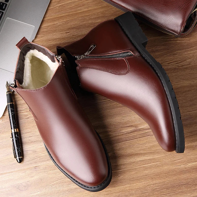 Genuine Leather Chelsea Boots Men Winter Shoes Plush Warm Shoes Fashion Zipper Winter Mens Ankle Boots Black Booties A440