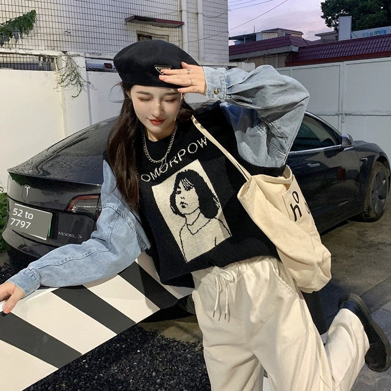 European Station Super Nice Cartoon Denim Hoodie Fake Two-Piece