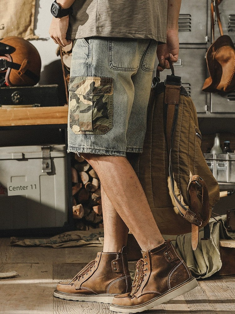 Gereno Yellow Mud Dyed Men's Summer Distressed Shorts