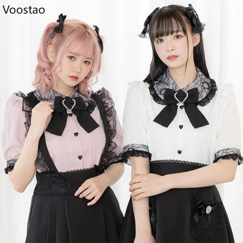 Sweet Lolita Lace Patchwork Short Sleeve Blouse Women Japanese Y2k Clothes Harajuku JK Bow Ruffles Shirt Girl Kawaii Blusas Tops