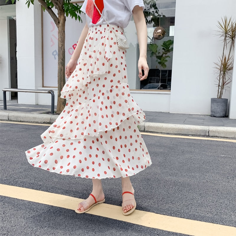 Casual Summer Skirts For Women New Loose Elastic High Waist Jupe Longue Femme Vintage Chiffon Ruffles Print Floral Pleated Skirt