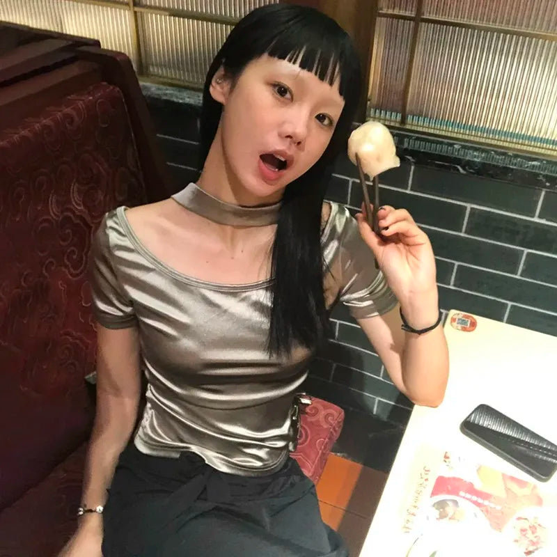 Karrram Grunge Aesthetics Tops Y2k Bright Silver T-shirt Japanese Harajuku Reflective Tee Shirt Korean Fashion Designer Clothes