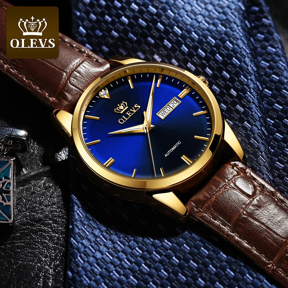 OLEVS Mechanical Men's Watches Leather strap Classic Waterproof Business Wristwatch Automatic Watch for Men Relogio Masculino