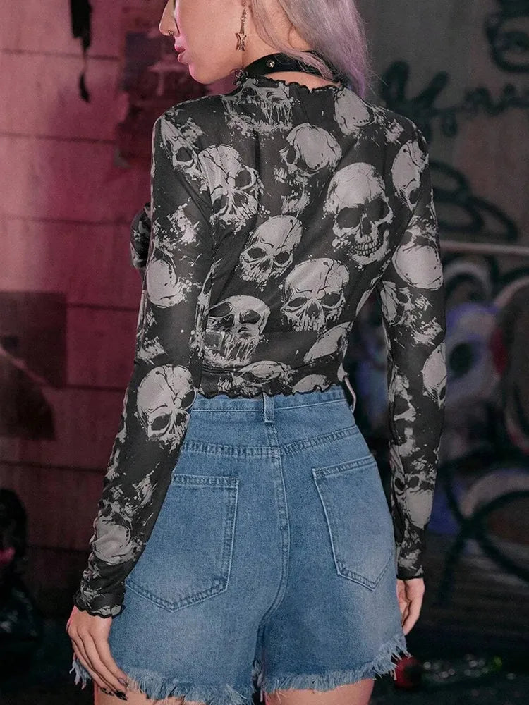 Yangelo Mall Gothic Skull Print T-shirt Female Y2K See Through Punk Crop Tops E-girls Grunge Street Clothes