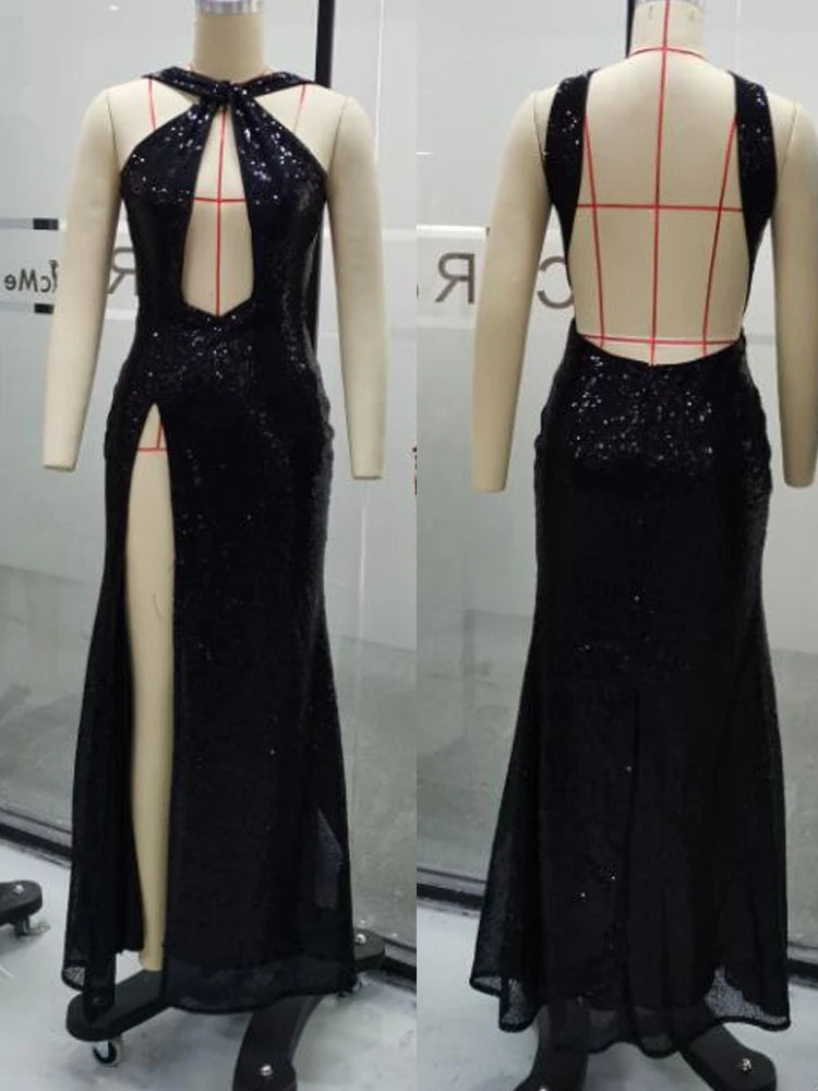 Women Sexy Cold Shoulder Backless High Slit Maxi Sequin Party Dress