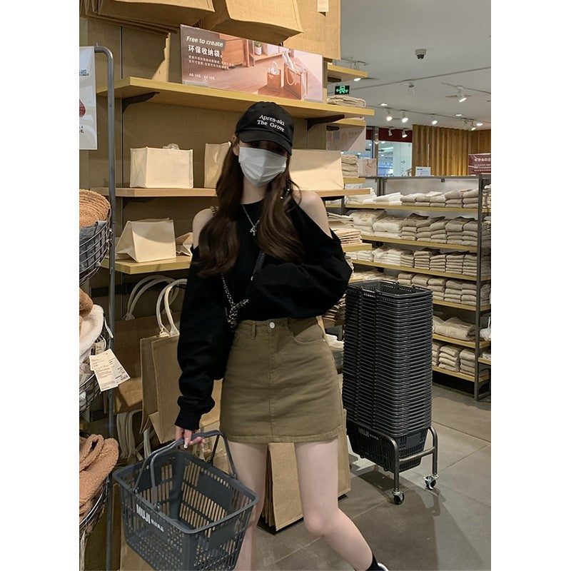 off-Shoulder and Black Loose round Neck Upper Clothes Long Sleeves T-shirt