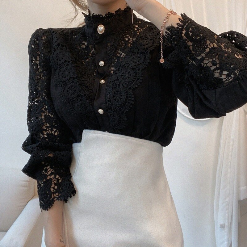 Blusas Mujer De Moda 2023 Spring Hollow Out Lace Shirt Women Office Lady Flower Blouse Stand Collar Button Female Clothing 12419