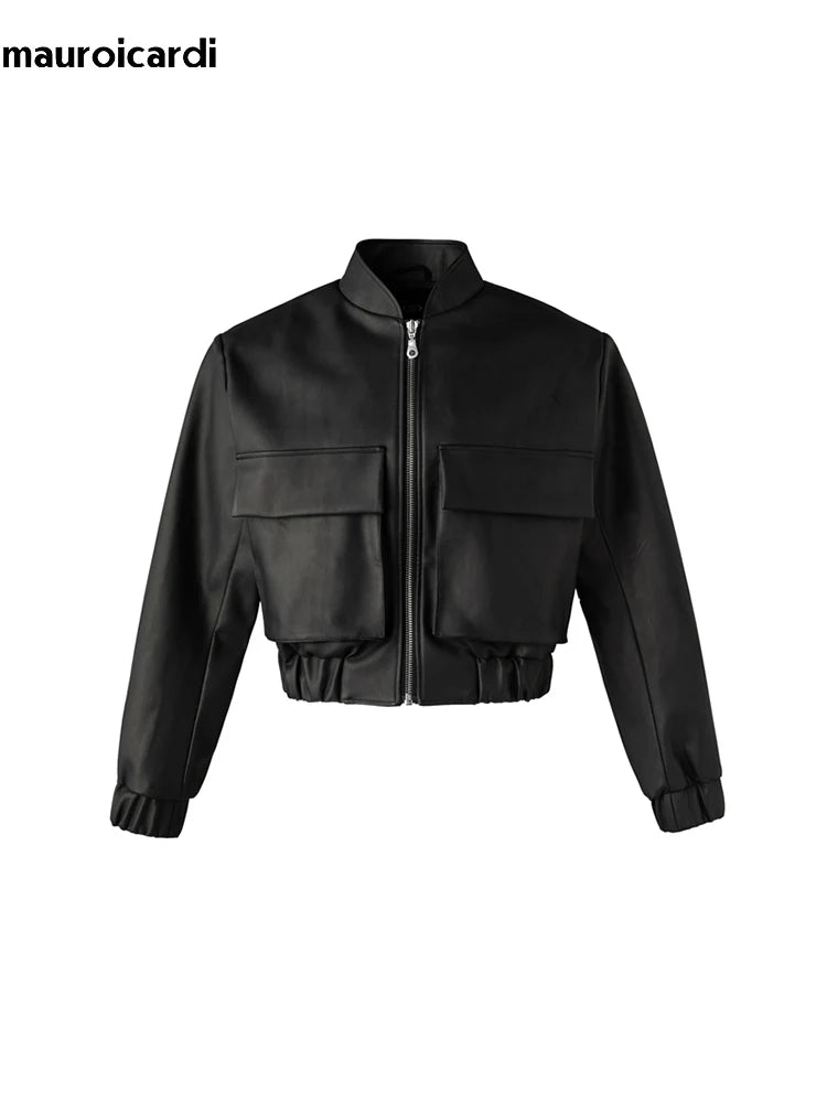 Mauroicardi Spring Autumn Cool Short Loose Black Hard Pu Leather Bomber Jacket Men Zipper Pockets Luxury Designer Clothes 2023