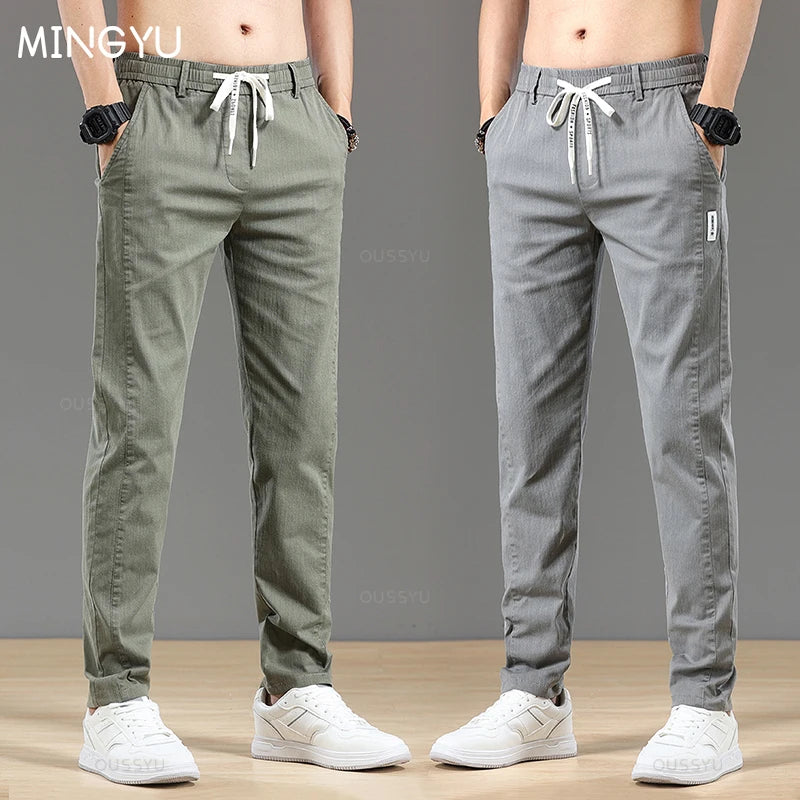 Spring Summer Cottom Men's Pants Fashion Classic Drawstring Elastic Waist Jogging Stretch Casual Grey Cargo Trousers Male 28-38